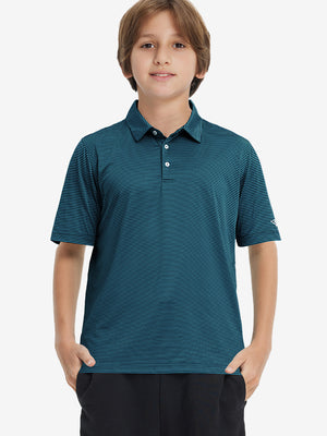 Front half-body shot of youth in turquoise stripe performance cooling polo, highlighting design and fit