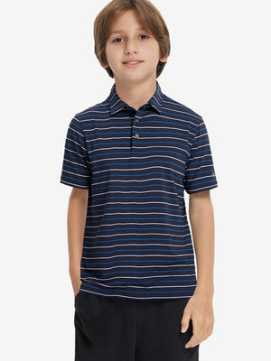 Front upper body of model wearing trendy boys stripe polo shirts, casual fit in navy stripe