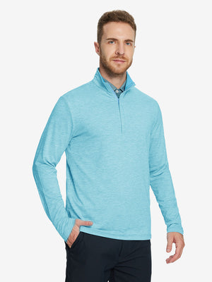 Men wearing Heather Pinstripe Brushed Dry Fit Quarter Zip Pullover in aquarius heather, front half body fit view