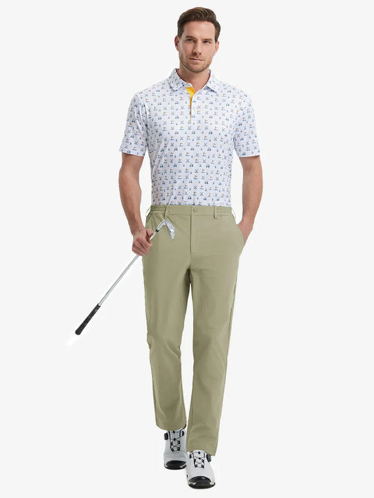 Full front view of model in Performance Water Resistant Pants KHAKI，ready for golf with club in hand.