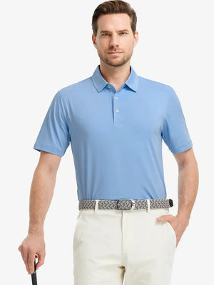 Model wearing Everyday Solid Jersey Polo in LIGHT BLUE, front half-body holding golf club.