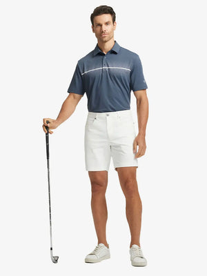 WHITE 4-way Stretch Performance Solid Shorts, golfer full-body front with club, 7 Inch length