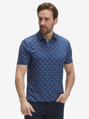 Front half-body shot of model wearing the american elements 4 way stretch print collared polo shirt for a casual sporty look