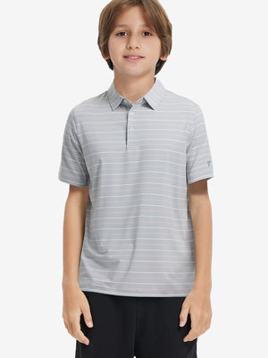 Front upper body of model wearing trendy boys stripe polo shirts, casual fit in ight grey stripe