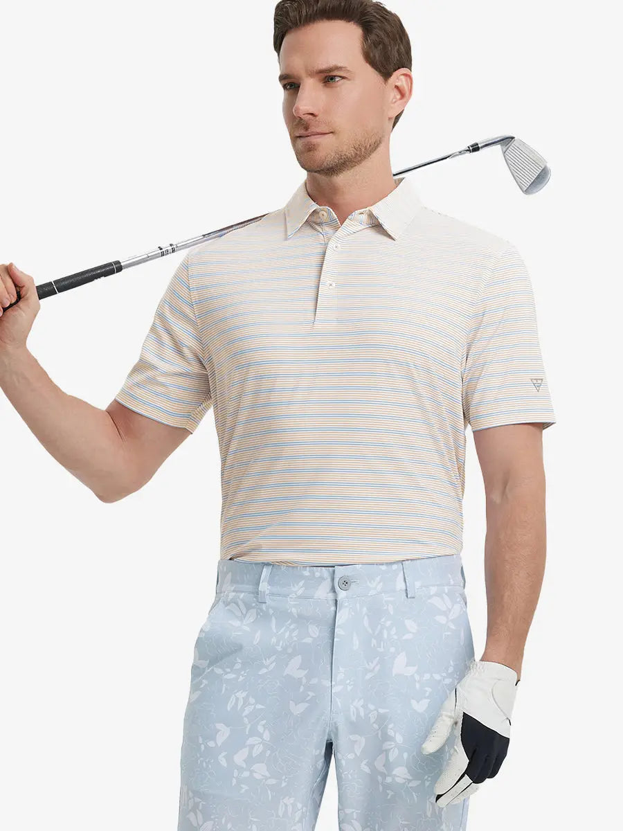 Model wearing Orange Blue Stripe Performance Stripe Golf Shirt – front half-body pose