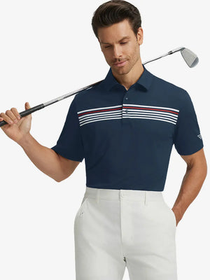 Half-body front view of model holding golf club wearing NAVY Stylish Chest Print Snap Polo