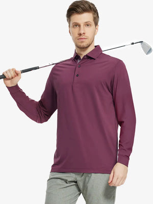 Model in BORDEAUX RED Long Sleeve Solid Jersey Polo holding golf club with confident front pose