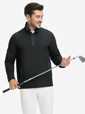 Model holding golf club, wearing mock neck quarter button golf pullover in black, sporty look.
