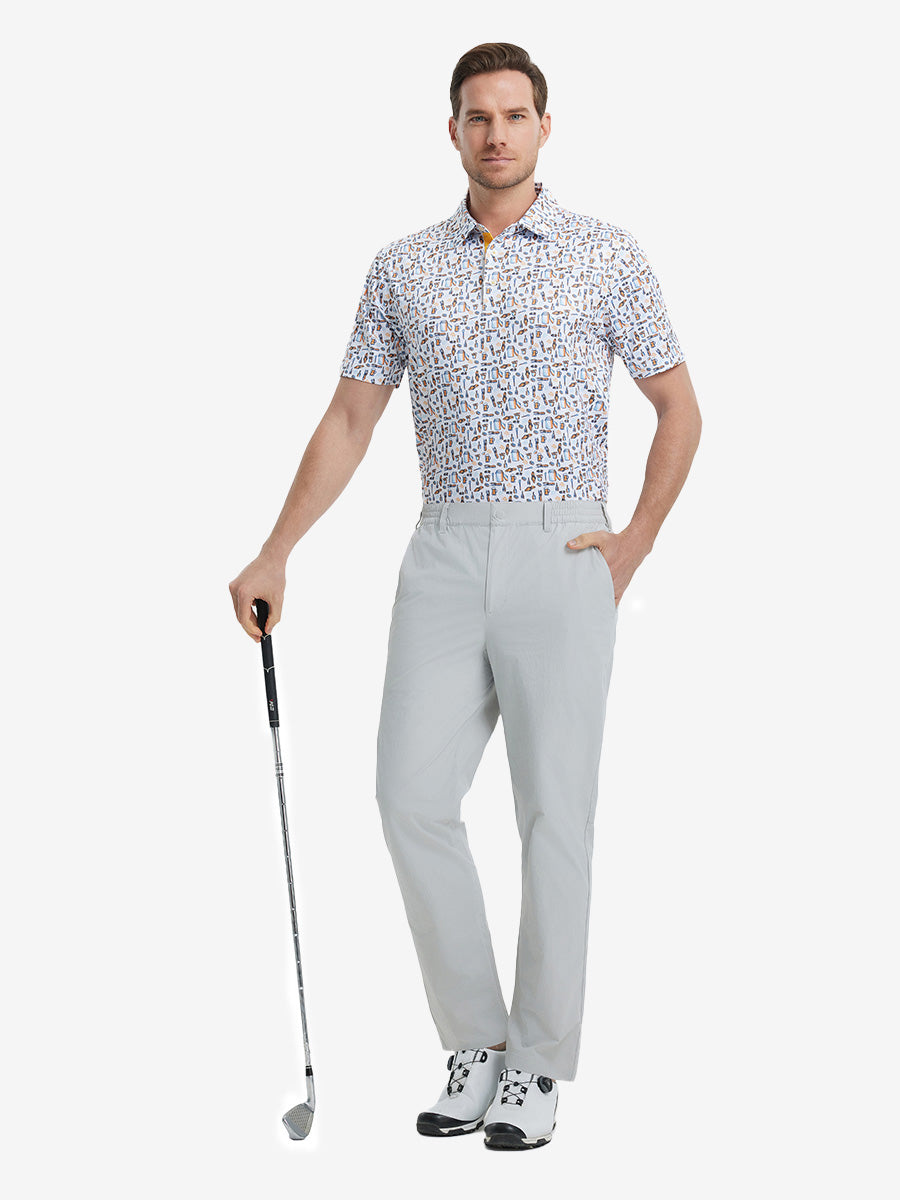 Full front view of model in Performance Water Resistant Pants SILVER GREY，ready for golf with club in hand.