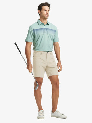 LIGHT KHAKI 4-way Stretch Performance Solid Shorts, golfer full-body front with club, 7 Inch length