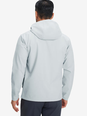 Back upper-body view of reflective hooded softshell jacket on model, shown in light gray.