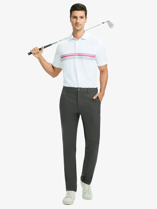 Full front view of model in Water Repellent 8 Pockets Pants DARK GREY，ready for golf with club in hand.