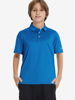 Front upper view of Kids stripe golf polos showing crisp stripes in cobalt stripe