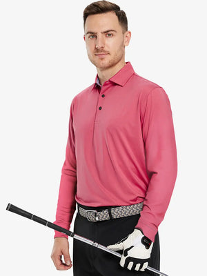 Model in CRANBERRY Long Sleeve Solid Jersey Polo holding golf club with confident front pose