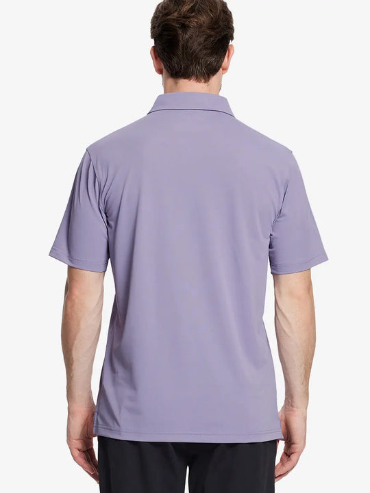 Back view half-body of model in LAVENDER Ventilated Pique Performance Polo