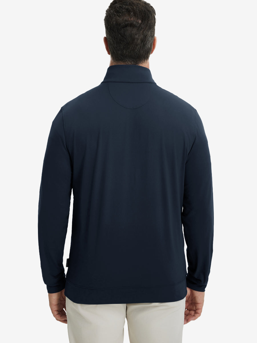 Back upper body view of the navy lightweight golf pullover, model turns head slightly with ease.