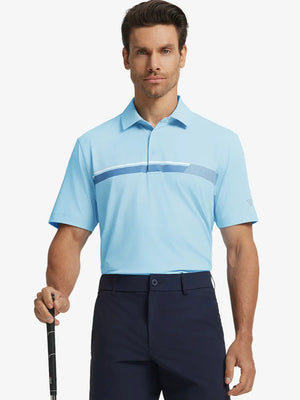 Half-body front view of model holding golf club wearing LIGHT BLUE Stylish Chest Print Snap Polo