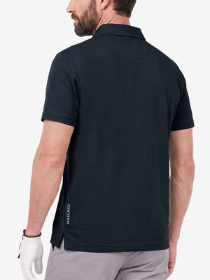 Back upper body shot of model wearing navy  ultra-comfort slim fit roma knit polo shirts