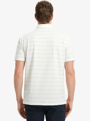 Back half-body view of model wearing BEIGE STRIPE Stylish Performance Golf Polo