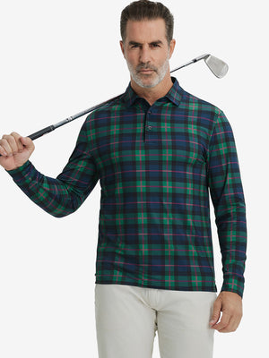 Model holding golf club, wearing lightweight print long sleeve polo in dark plaid, casual sporty fit.