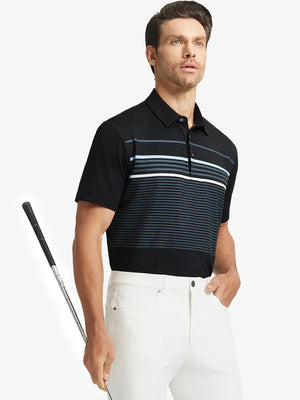 Model holding golf club in BLACK1 Chest Print Polo Shirts