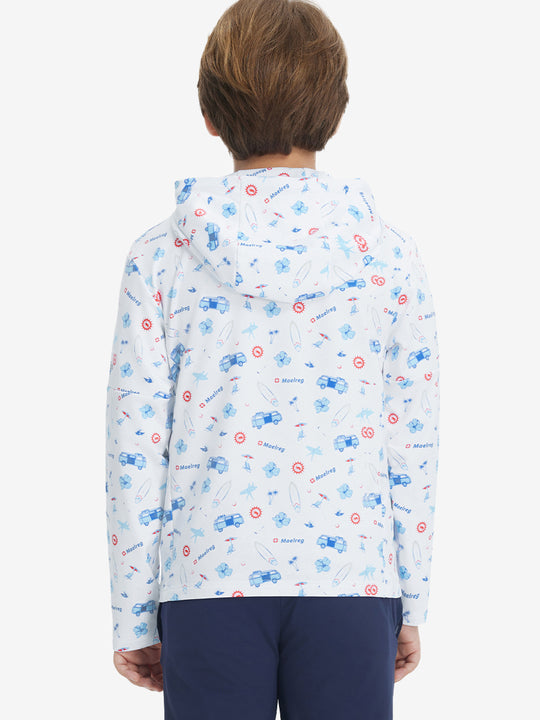 Back upper body view of model wearing youth full print stylish hoodies pullover, white cartoon toy.