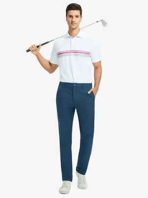 Full front view of model in Water Repellent 8 Pockets Pants BLUE INDIGO，ready for golf with club in hand.