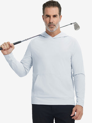 Model holding golf club, wearing dry fit stretchy sweatshirts hoodie in misty grey, sporty and casual.