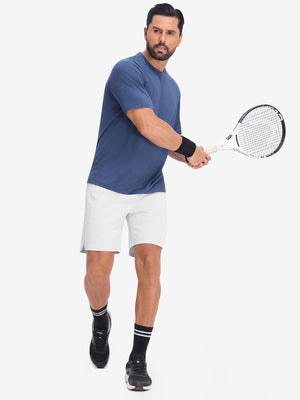 Front full body shot of model exercising in white breathable running shorts with 4 zipper pockets