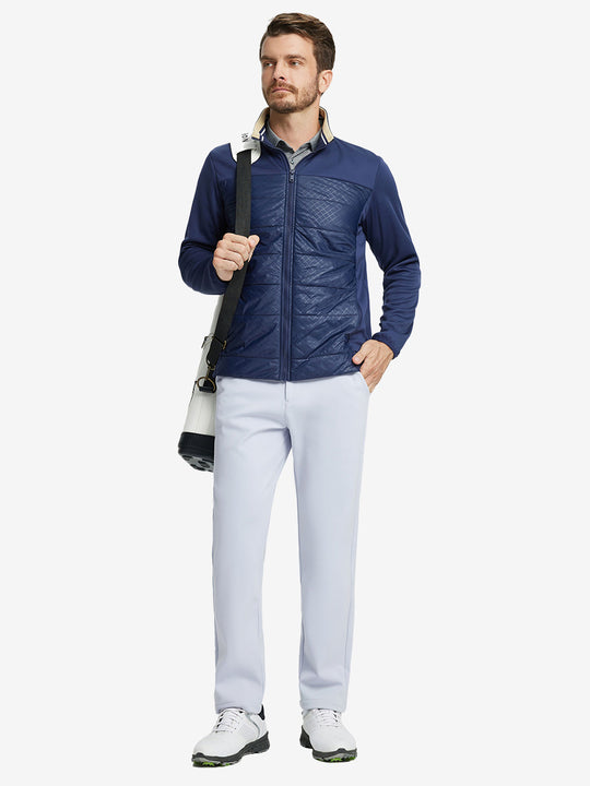 GLACIER GREY Water-Resistant Fleece Lined Pants, full-body front view carrying golf bag