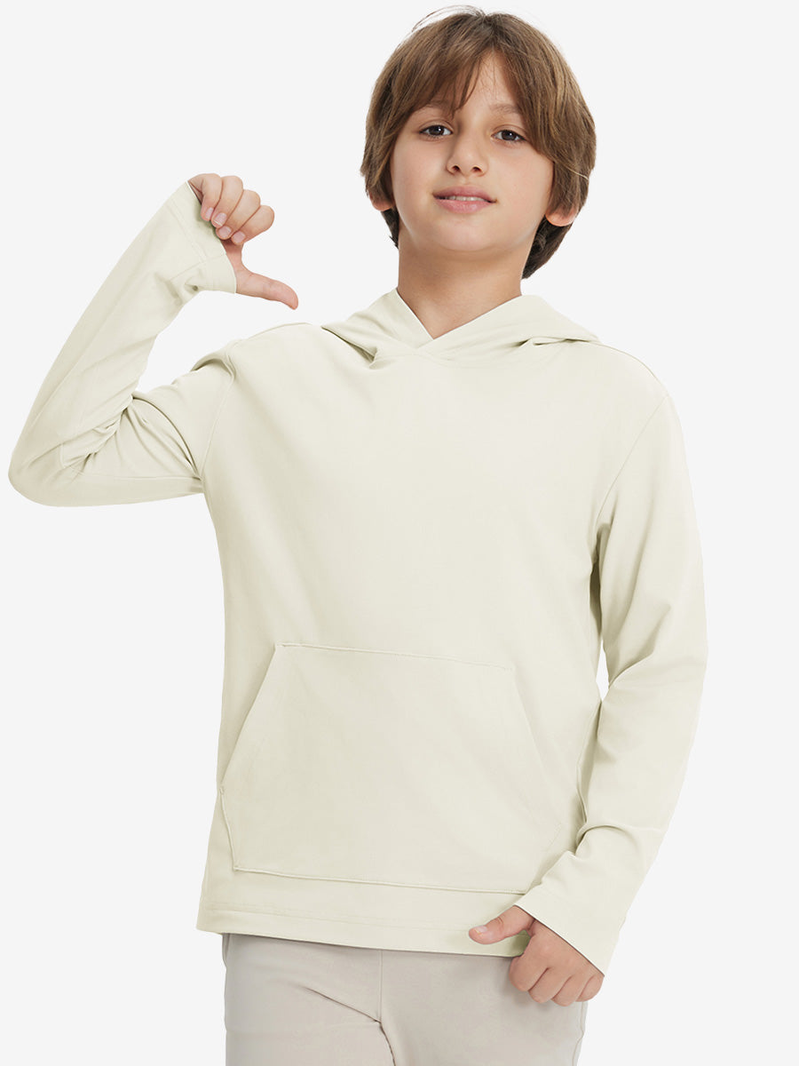Front upper body view of youth long sleeve hoodied with kangaroo pocket in cream, casual fit.