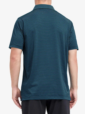 Rear half-body shot of Cooling Stripe Golf Shirt in TURQUOISE STRIPE, showcasing stripe alignment and fit