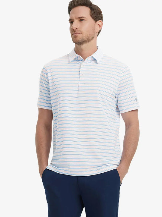 Model wearing Pink Blue Stripe Performance Stripe Golf Shirt – front half-body pose