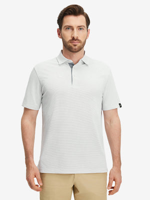 Front half-body view of a model wearing the grey white feather weight jacquard polo shirts, showing the chest pocket