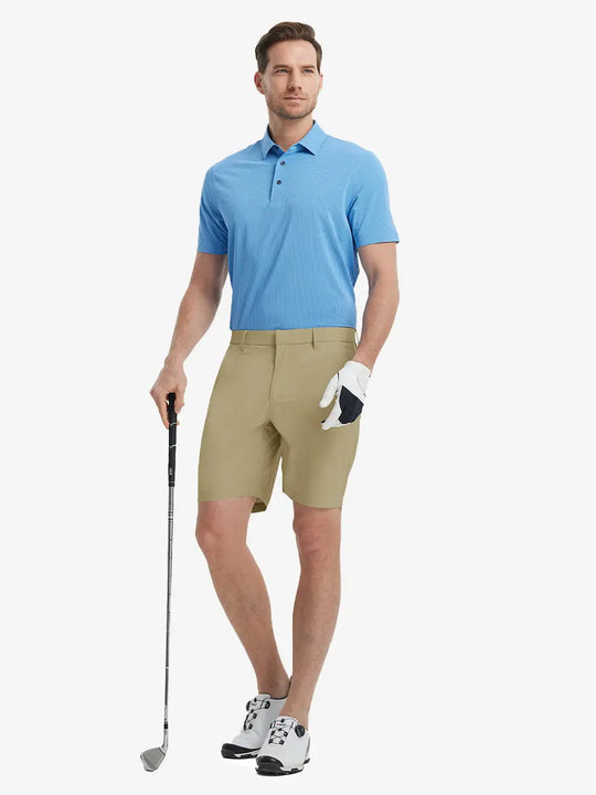Full-body front shot of model holding golf club, wearing Player Fit Versatile Solid Shorts 9 Inch – KHAKI