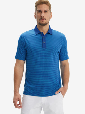 Front half-body of model in cobalt stripe upgraded two-tone striped quick dry polo shirt