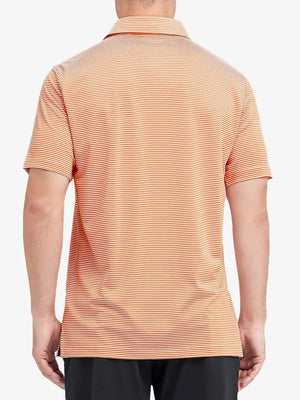 Rear half-body shot of Cooling Stripe Golf Shirt in ORANGE STRIPE, showcasing stripe alignment and fit