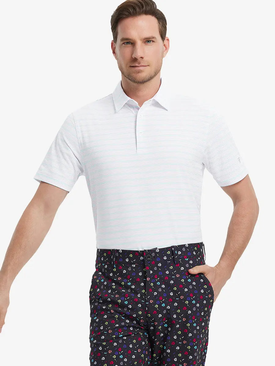 Model wearing Light Pink Aqua Blue Stripe Performance Stripe Golf Shirt – front half-body pose