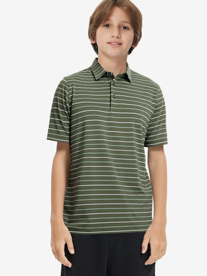 Front 3D view of trendy boys stripe polo shirts, clean structure and modern olive green stripe look