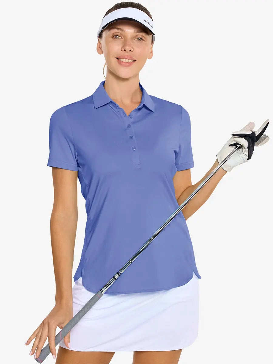 Front half-body of model in HAZE BLUE Women's Performance Solid Polo holding golf club