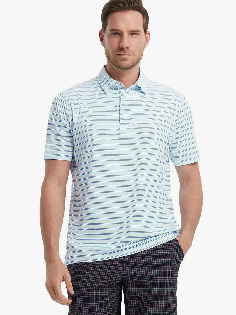 Model wearing Light Blue Cobalt Stripe Performance Stripe Golf Shirt – front half-body pose