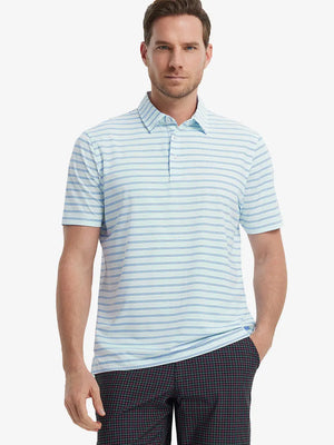 Model wearing Light Blue Cobalt Stripe Performance Stripe Golf Shirt – front half-body pose