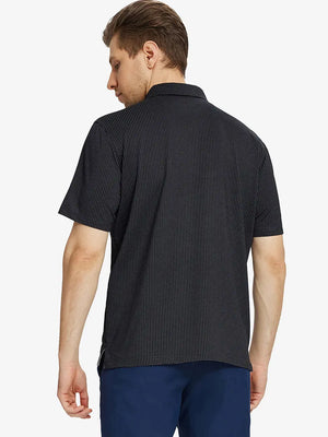 Back half-body view of model wearing BLACK Elegant Performance Jacquard Polo