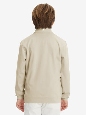 Back upper body of model wearing youth winter micro-fleece quarter zip pullover in light khaki