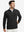 Model with one hand in side pocket, wearing midweight warm stretchy quarter zip pullover in black.
