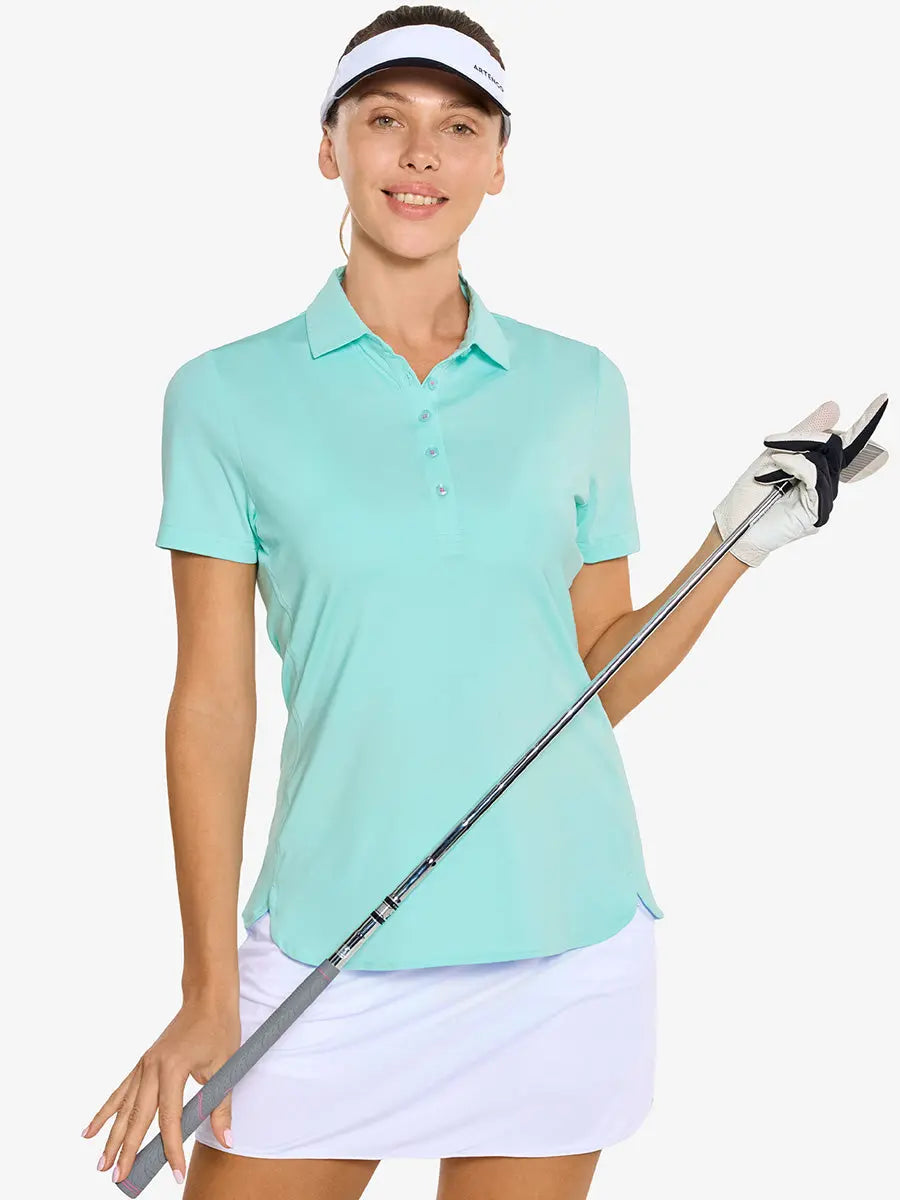 Front half-body of model in BLUE LIGHT Women's Performance Solid Polo holding golf club