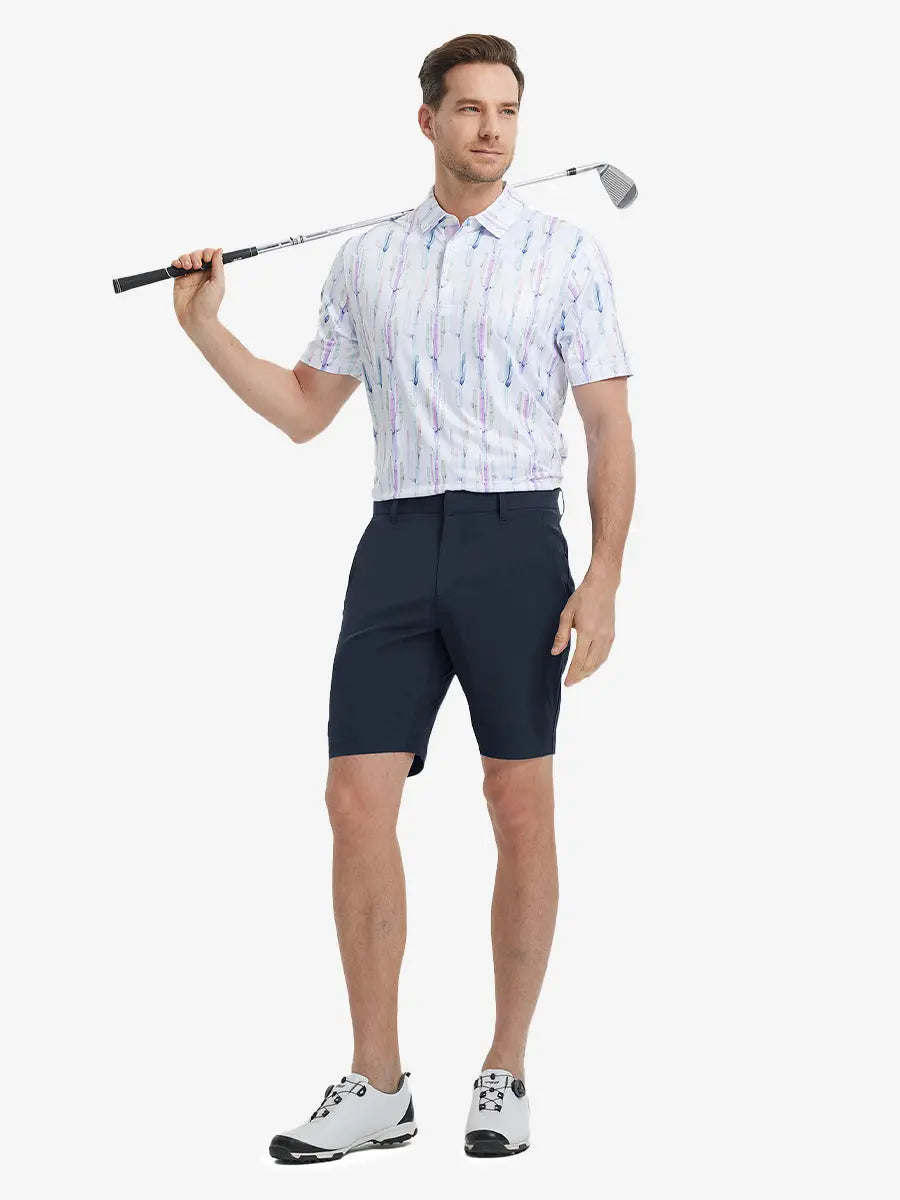 Full-body front shot of model holding golf club, wearing Player Fit Versatile Solid Shorts 9 Inch – NAVY