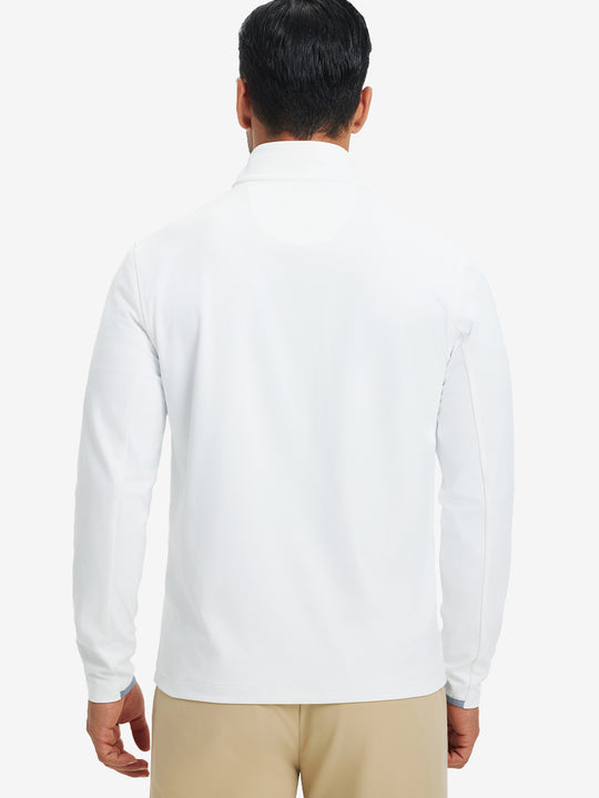 Back upper body view of the white navy stripe lightweight golf pullover, model turns head slightly with ease.