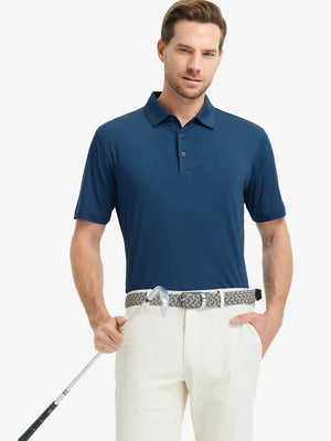 Model wearing Everyday Solid Jersey Polo in BLUE, front half-body holding golf club with ease.