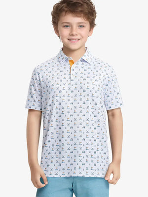 Front half-body shot of boy model in WHITE GOLF Performance Print Boys Golf Polo, ready for golf